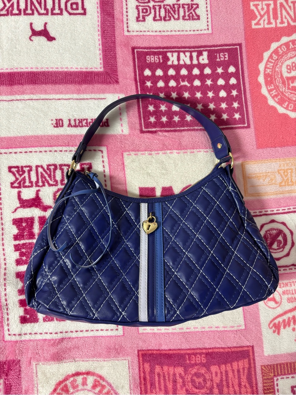 Victoria’s Secret Quilted Navy Shoulder Bag with Heart Lock